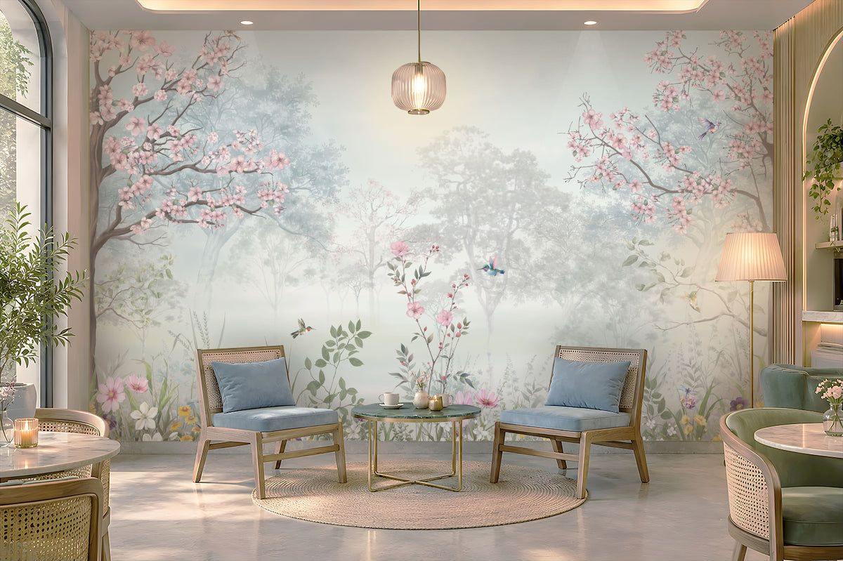 Elegant café seating area featuring Blossom Reverie ice blue floral landscape wallpaper with pink cherry blossom trees, misty forest scenery, and birds, complemented by blue upholstered chairs, wooden furniture, and soft lighting.