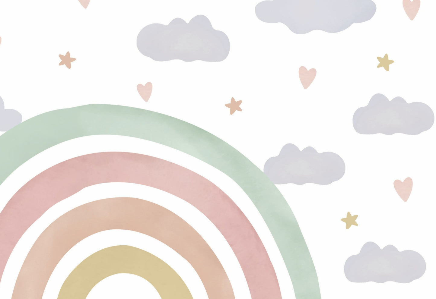 Cotton white boho rainbow kids mural wallpaper playful wall design in modern living room.