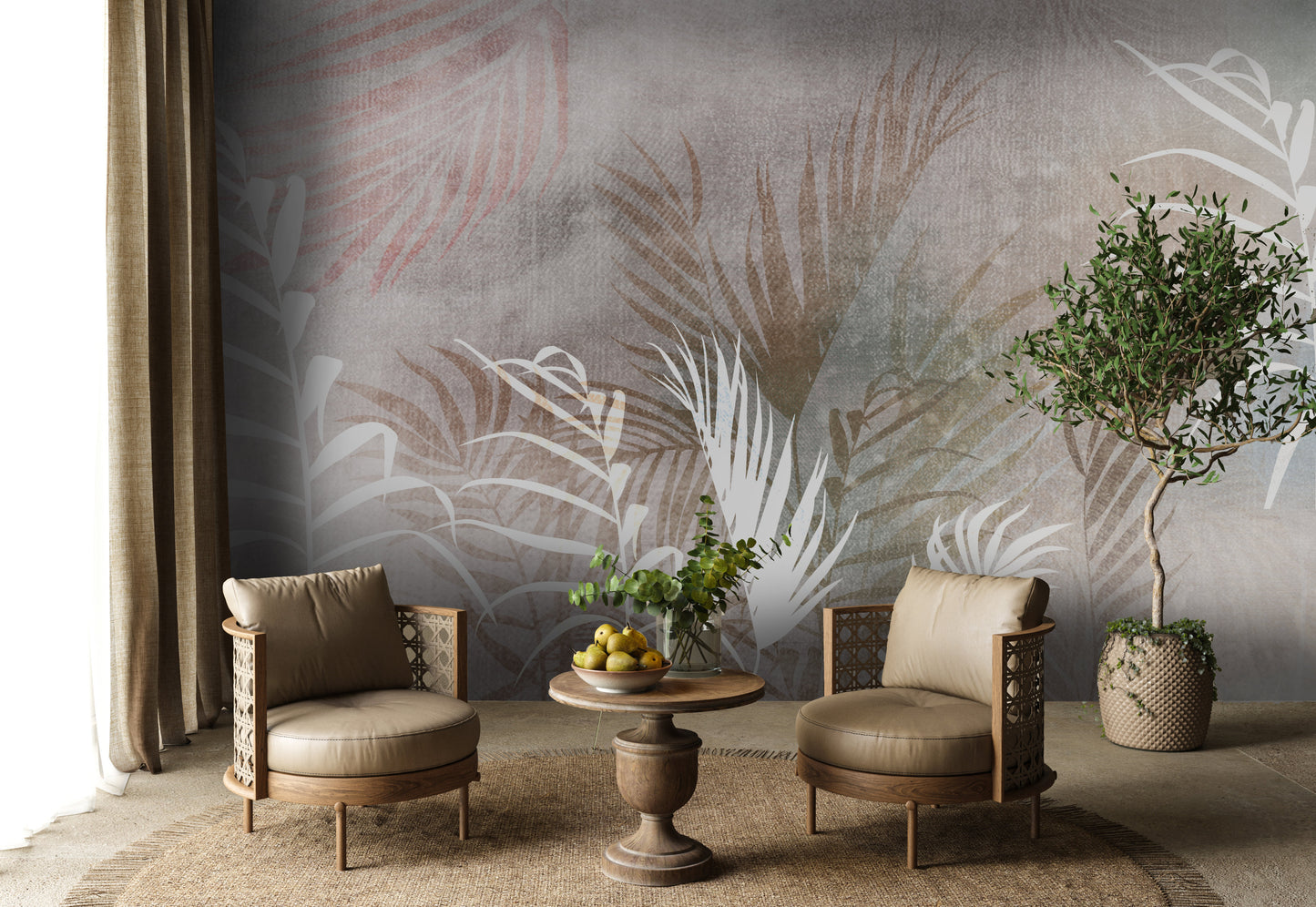An architectural perspective of a refined Mediterranean-style lounge featuring the Breeze Mural as a full-scale feature wall. The mural’s warm, earthy tones pair strikingly with woven cane armchairs, a natural jute rug, and olive greenery, creating a peaceful and cultured interior sanctuary.