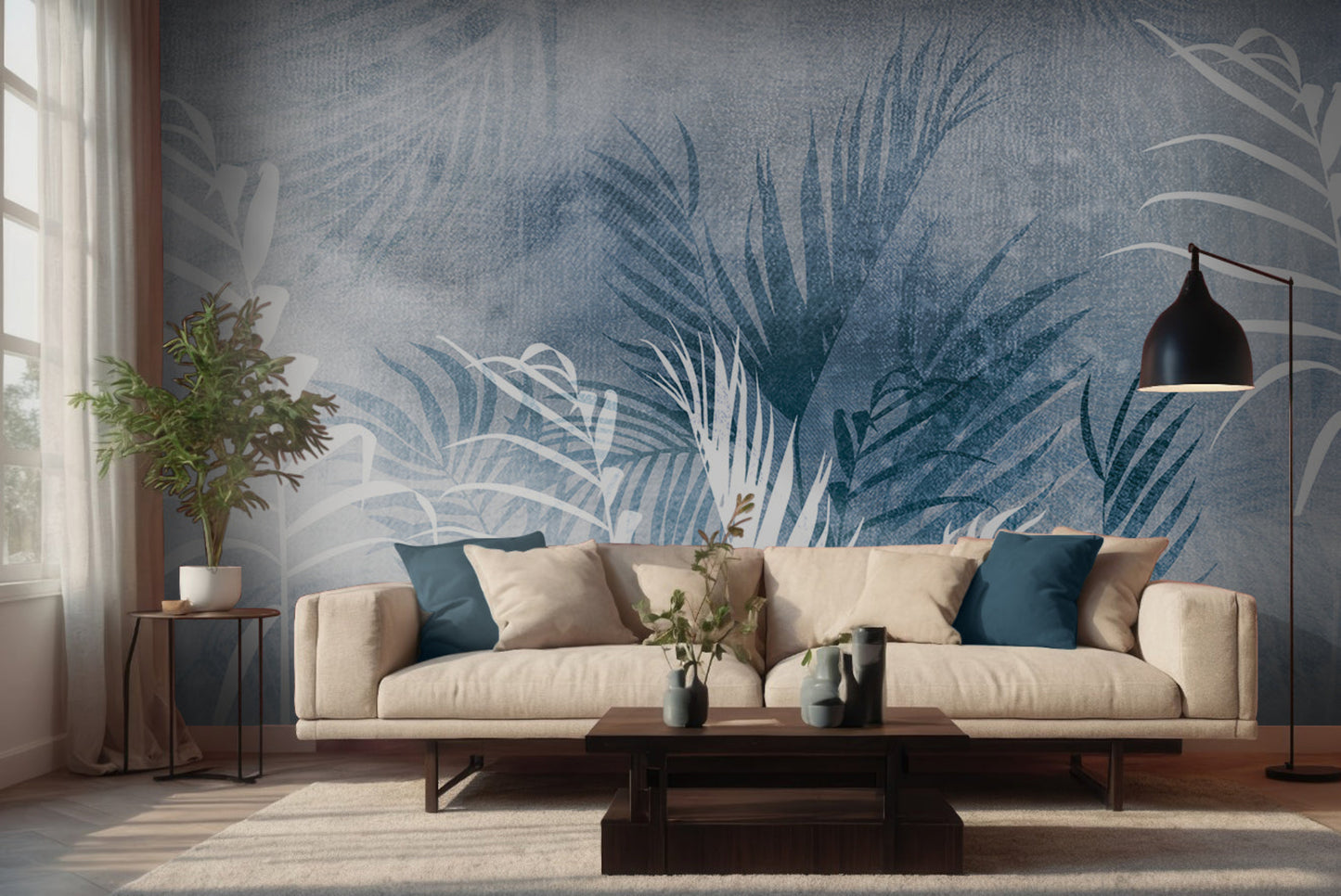 An architectural perspective of a refined contemporary lounge featuring the Breeze Mural in Periwinkle Blue as a full-scale feature wall. The mural’s cool, soothing tones pair strikingly with minimalist furniture, a light-colored rug, and natural greenery, creating a peaceful and cultured interior sanctuary.