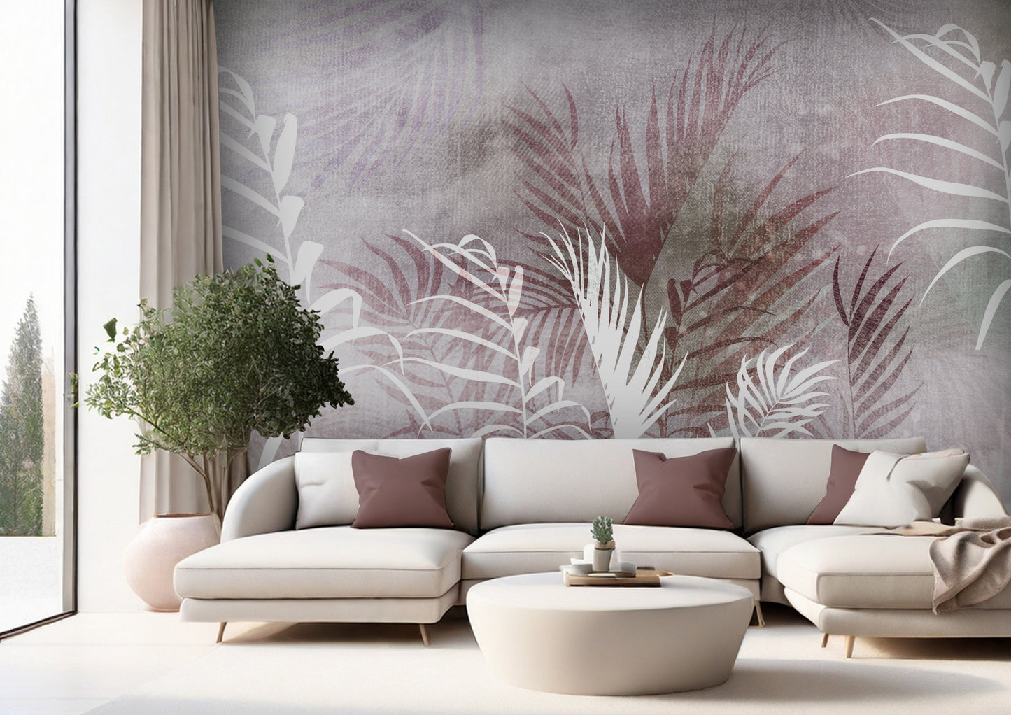 An architectural perspective of a refined contemporary lounge featuring the Breeze Mural in Subtle Red as a full-scale feature wall. The mural’s warm, earthy tones pair strikingly with natural oak furniture, cream linen upholstery, and clay pottery, creating a peaceful and cultured interior sanctuary.
