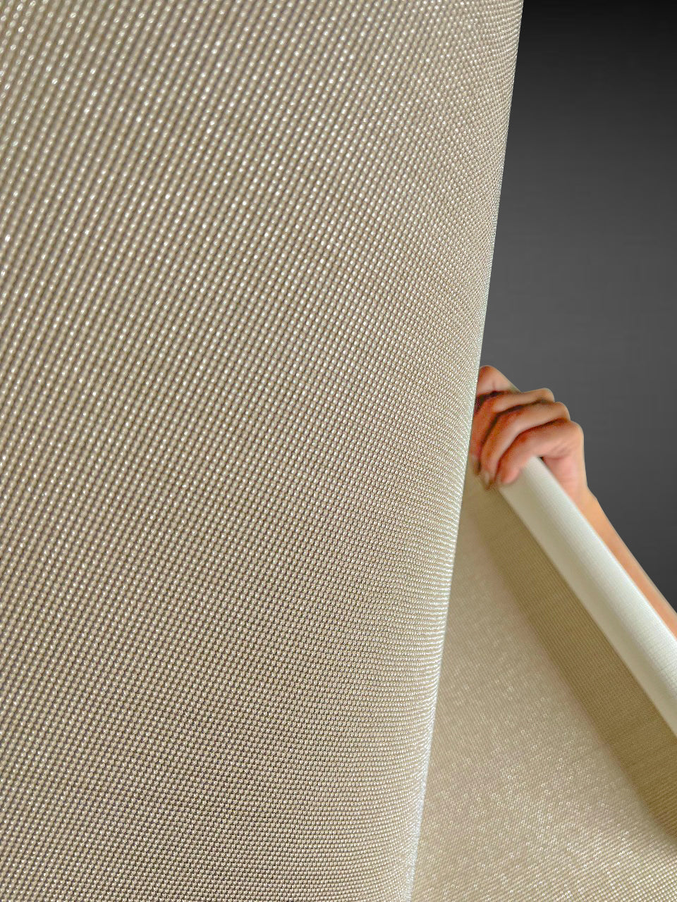 Close-up view of Waterproof Fabric Backed Commercial Wallcovering in Sunlit Beige, featuring a prominent raised grid texture and a durable, moisture-resistant vinyl surface with a warm, light-catching finish.