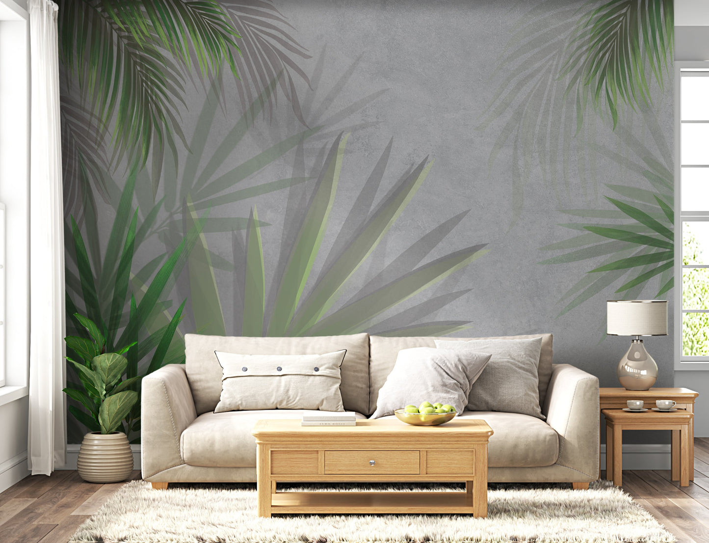 An architectural perspective of a modern living room featuring the Calm Mural as a full-scale feature wall. The mural’s deep green and concrete tones pair elegantly with neutral beige upholstery, light wood furniture, and high-quality textiles, creating a serene and sophisticated interior sanctuary.
