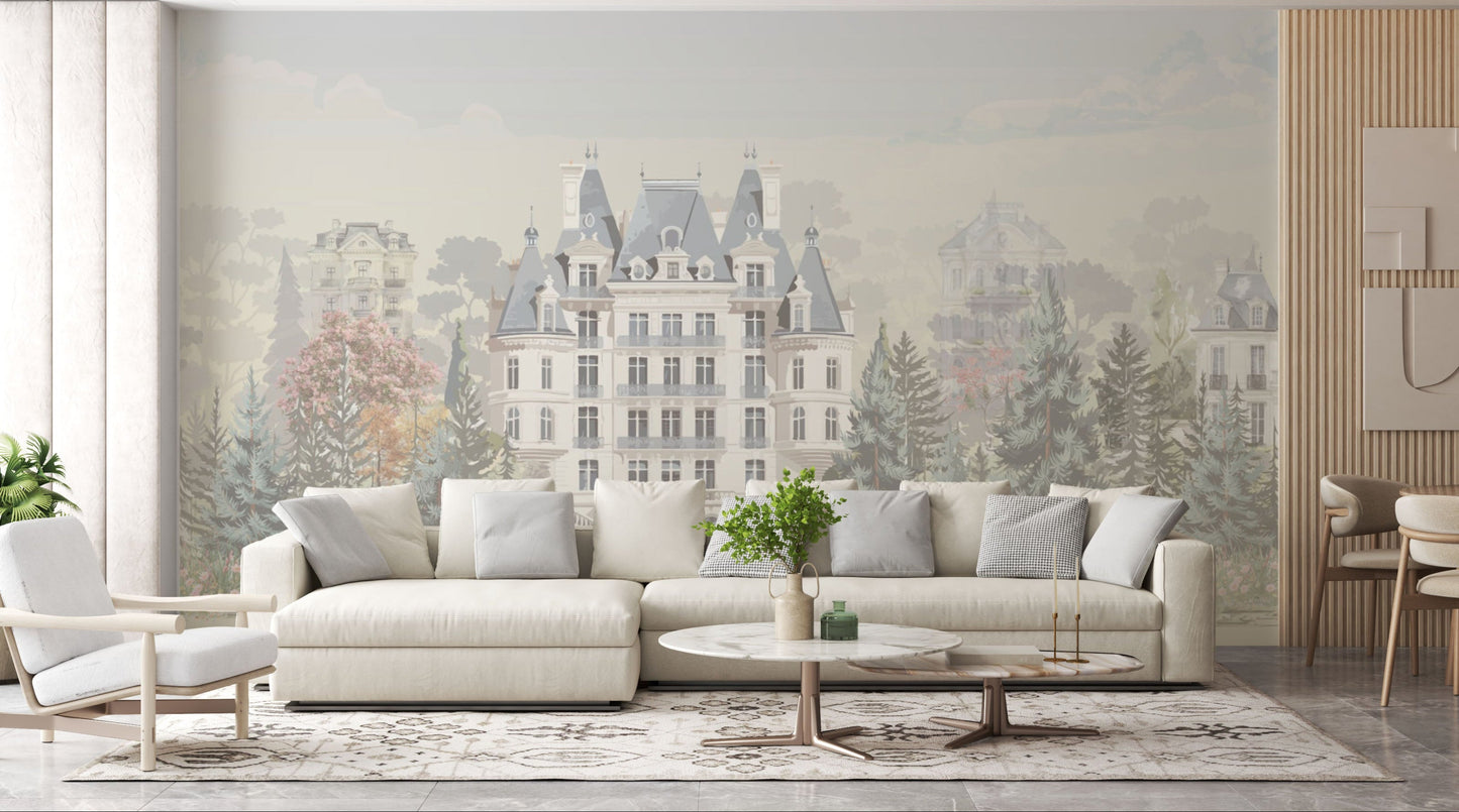 Soft ivory classic landscape mural wallpaper installed as a feature wall in living room, dining room, and bedroom interiors with elegant countryside design.