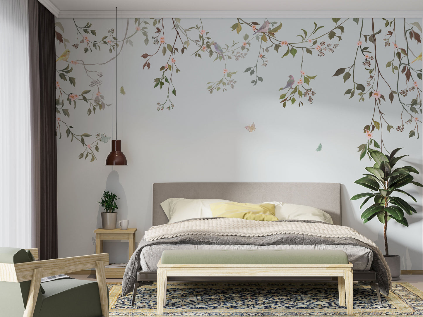 Cool fog white floral mural wallpaper with luxe botanical pattern in contemporary bedroom.