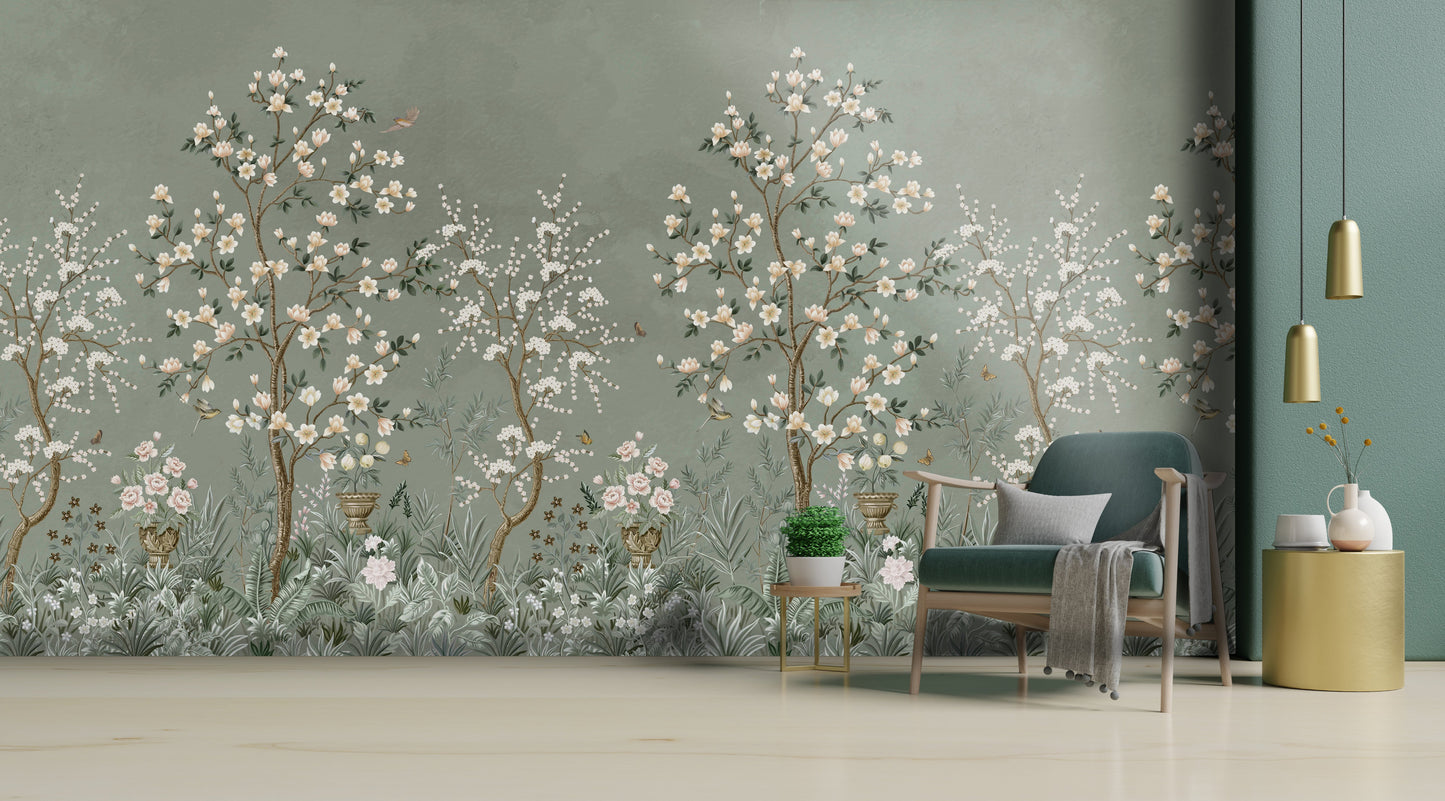 Clary sage floral symphony mural wallpaper botanical wall design in modern living room.