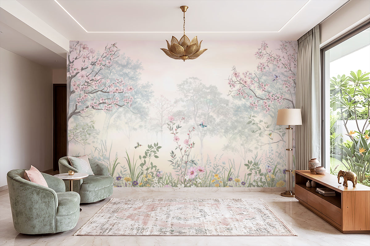 1555_DA Blossom Reverie – Pastel Floral Landscape Wallpaper, Ice Blue