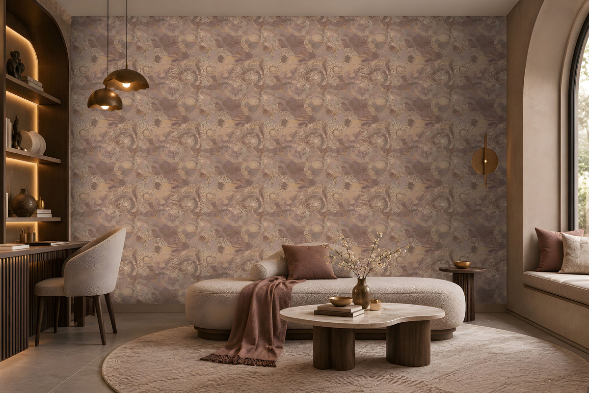 A spacious modern living room featuring a large accent wall adorned with seamless floral swirl wallpaper in warm taupe, muted dusty mauve, and soft beige tones. The intricate repeating pattern creates an elegant textured effect, beautifully complementing the neutral curved sofa, plush cream rug, marble coffee table, and warm wooden accents. Soft ambient lighting, brass pendant lights, and subtle mauve cushions enhance the sophisticated, earthy aesthetic, showcasing the wallpaper as the focal point