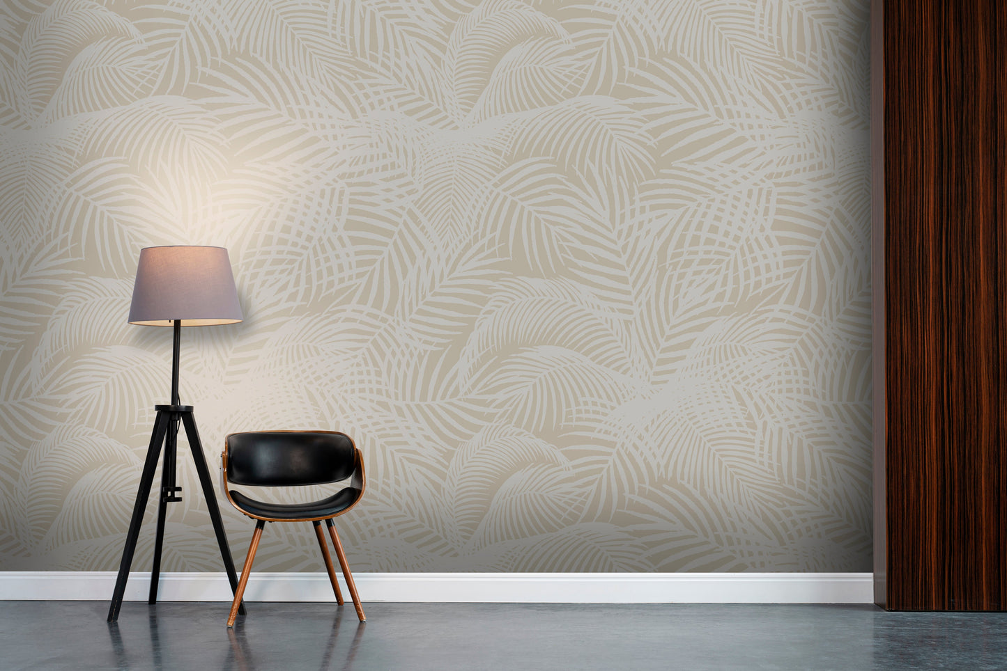 An architectural perspective of a contemporary, sunlit living area featuring the Exotic Foliage Mural as a full-scale feature wall. The mural’s neutral earth tones pair beautifully with walnut furniture, cream textiles, and bronze accents, creating a serene and cultured interior sanctuary.