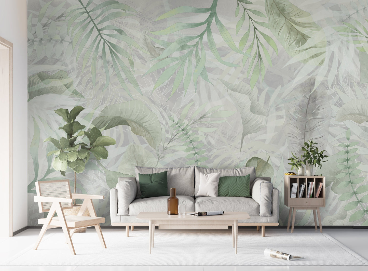 An architectural perspective of a modern, sun-lit living room featuring the Exotica Blend Mural as a full-scale feature wall behind a grey contemporary sofa. The mural’s soft green tones pair elegantly with light wood furniture and indoor plants, creating a serene and cultured interior sanctuary.
