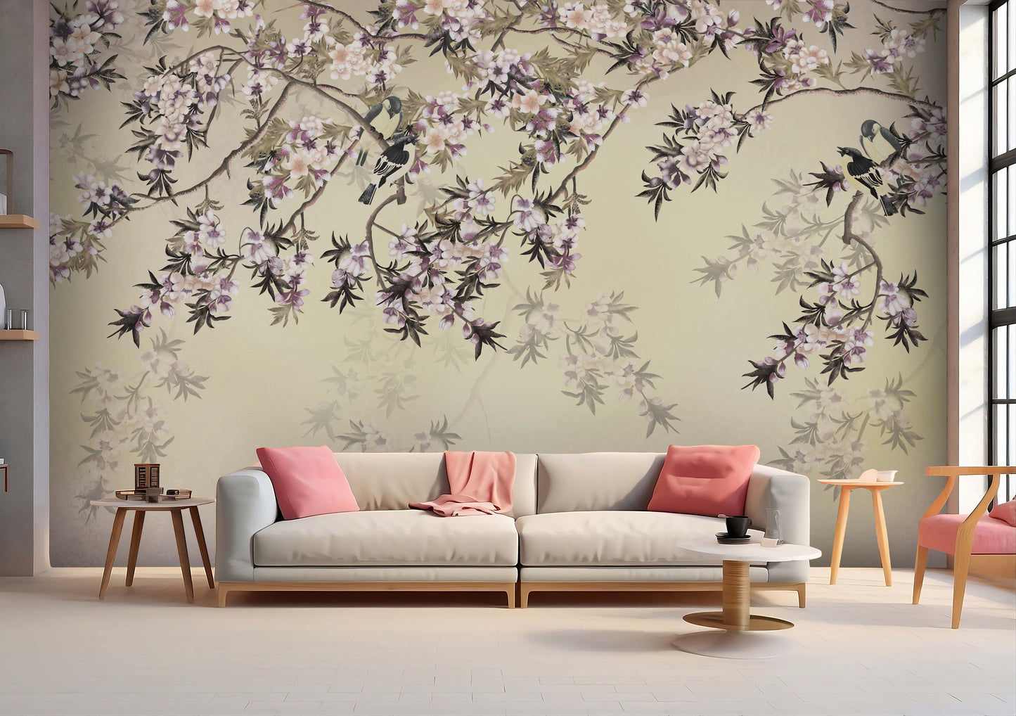 Cornsilk cream white whispers of spring floral mural wallpaper elegant botanical wall design in modern living room.