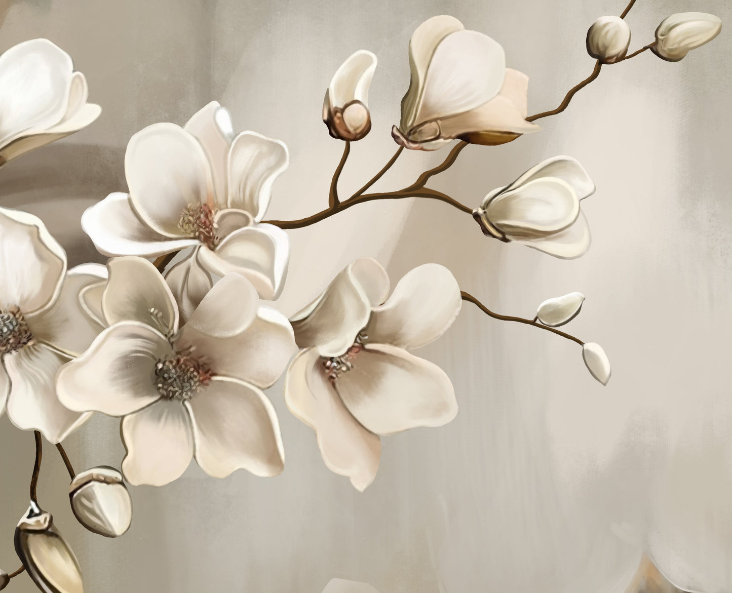 Foggy grey floral melody mural wallpaper decorative botanical wall design in modern dining room.