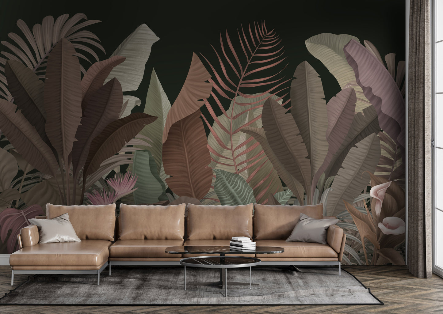 Black olive botanical leaf mural wallpaper installed as a feature wall in living room, dining room, and bedroom interiors with bold tropical design.