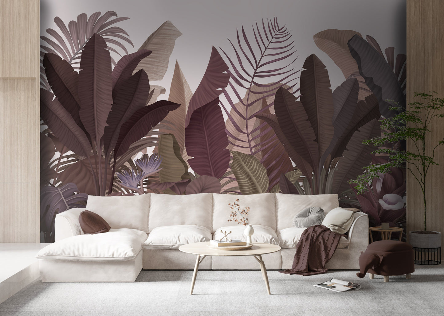 Deep Plum botanical leaf mural wallpaper installed as a feature wall in living room, dining room, and bedroom interiors with elegant tropical design.