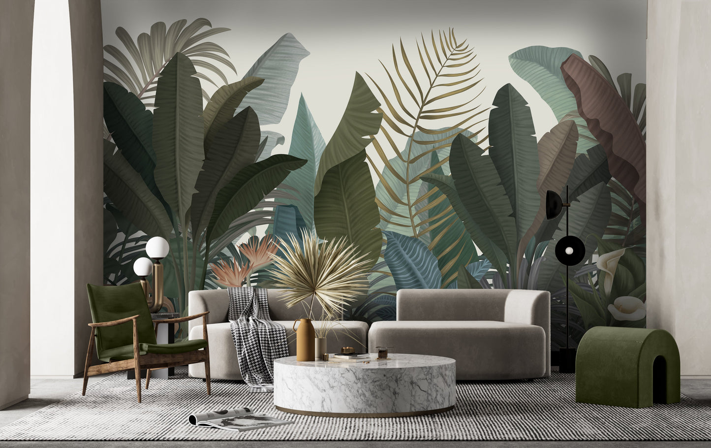 Ebony botanical leaf mural wallpaper installed as a feature wall in living room, dining room, and bedroom interiors with bold tropical design.