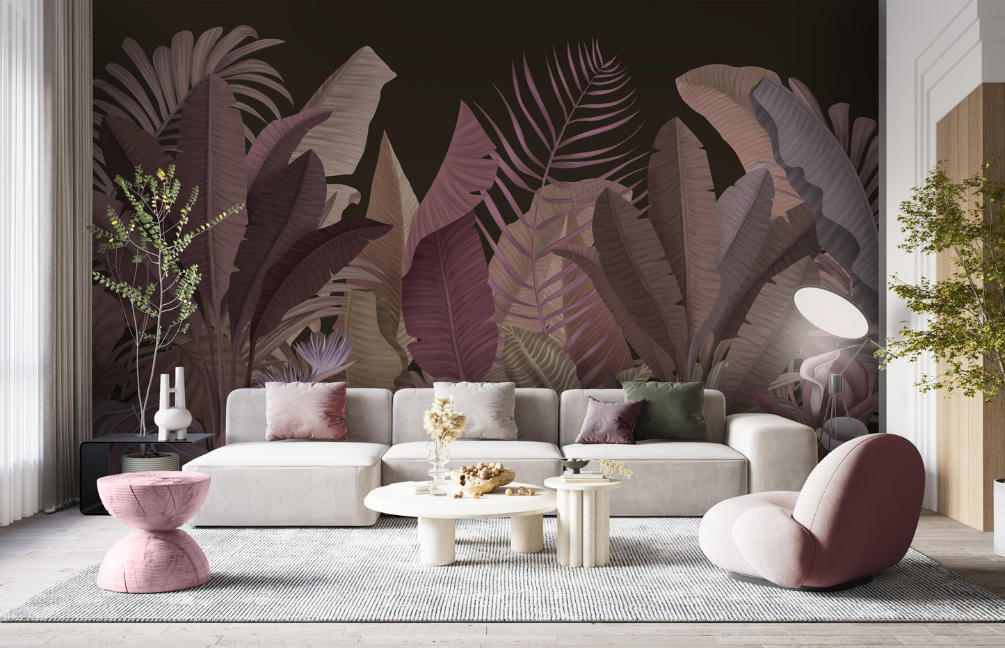 Raisin black botanical leaf mural wallpaper installed as a feature wall in living room, dining room, and bedroom interiors with bold tropical design.