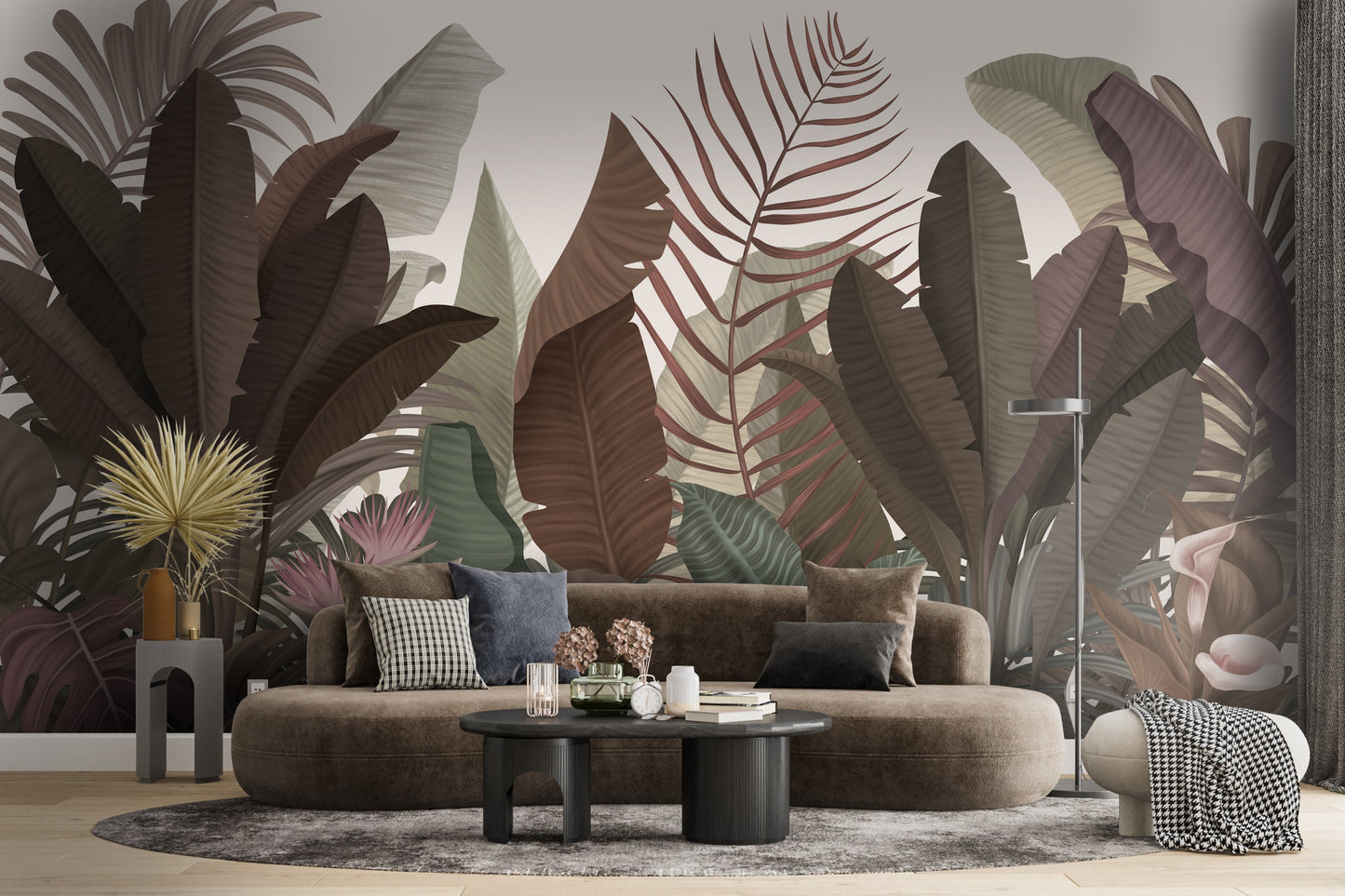 Silver pink botanical leaf mural wallpaper installed as a feature wall in living room, dining room, and bedroom interiors with elegant tropical design detailing.