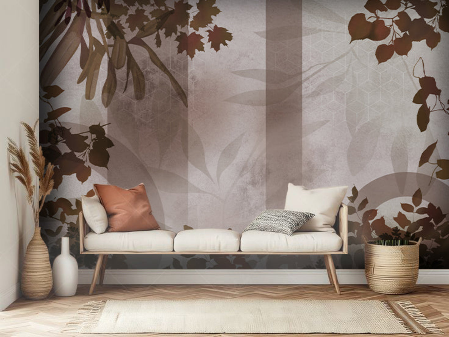 Ginger bread brown botanical geometric mural wallpaper installed as a feature wall in living room, dining room, and bedroom interiors with modern leaf pattern design.