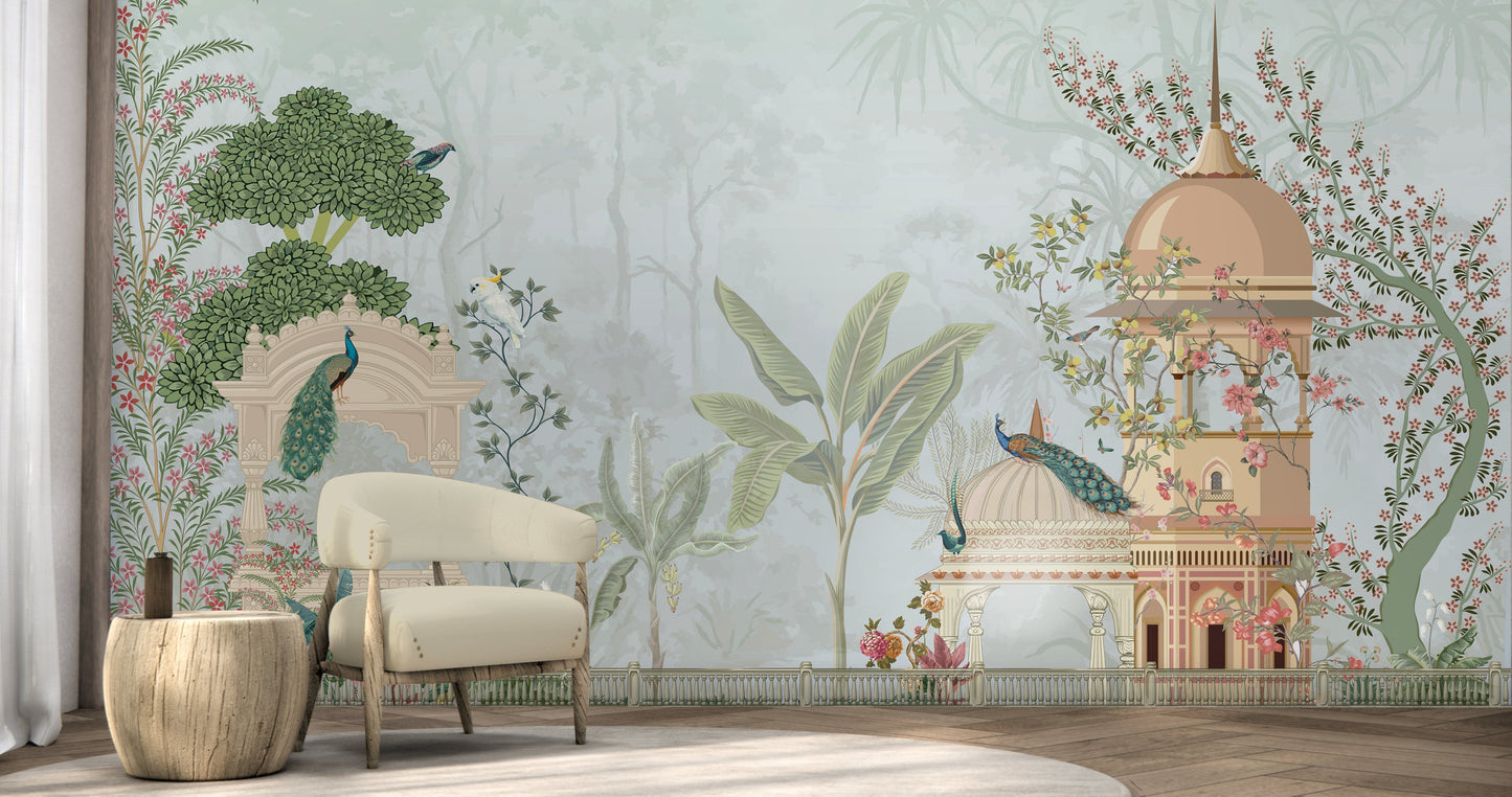 Blue floral mural wallpaper featuring Mayur Bagh design installed in living room, dining room, and bedroom interiors with elegant botanical detailing.