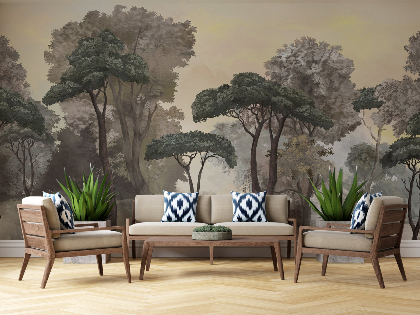 An architectural perspective of a contemporary lounge featuring the Mediterranean Reverie Forest Mural as a full-scale feature wall behind a cognac leather daybed. The mural’s expansive forest vista pairs strikingly with natural wood flooring and minimalist decor, creating a peaceful and cultured interior sanctuary.