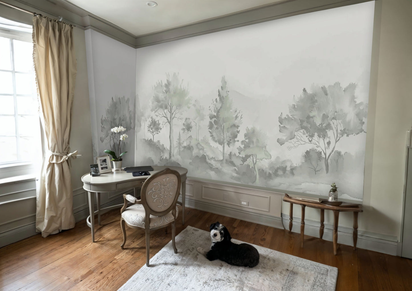 An architectural perspective of a luxury interior featuring the Minimalist Watercolour Tree Mural in Soft Sage Grey. The mural’s misty, receding landscape creates a sense of infinite horizon and organic calm, perfectly complementing minimalist furniture, natural wood accents, and soft, neutral upholstery.