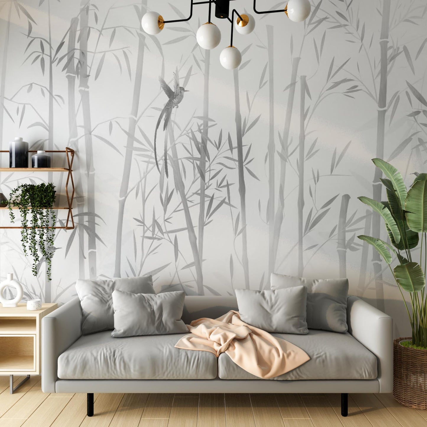 An architectural perspective of a contemporary sunlit lounge featuring the Mist Scenic Landscape Mural as a full-scale feature wall. The mural’s bold black silhouettes pair elegantly with charcoal gray upholstery, metallic accents, and light wood flooring, creating a sophisticated and high-contrast interior sanctuary.