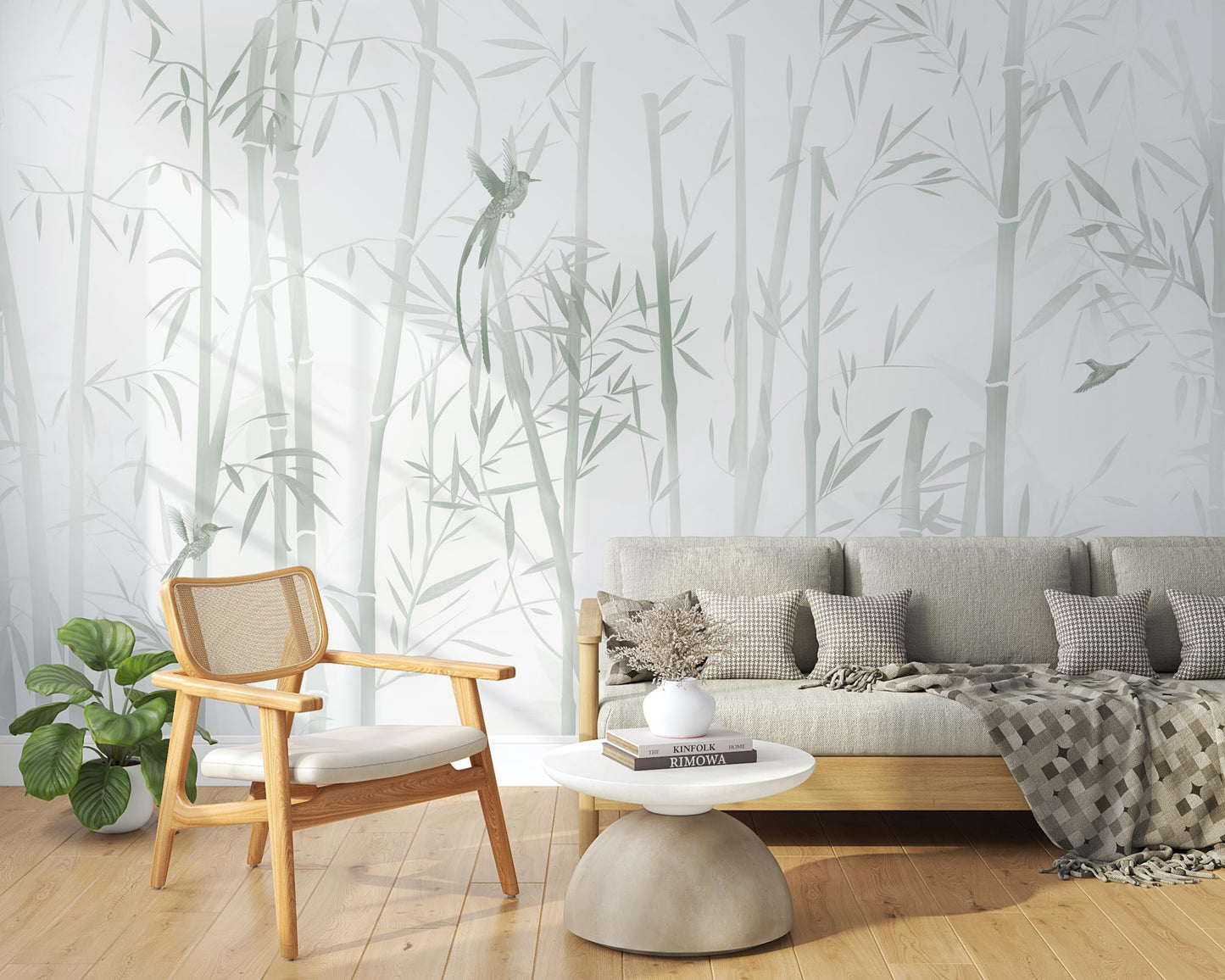 An architectural perspective of a contemporary sunlit lounge featuring the Mist Scenic Landscape Mural as a full-scale feature wall. The mural’s soft verdant tones pair elegantly with a light gray sofa, natural wood furniture, and woven rattan accents, creating a serene and sophisticated interior sanctuary.