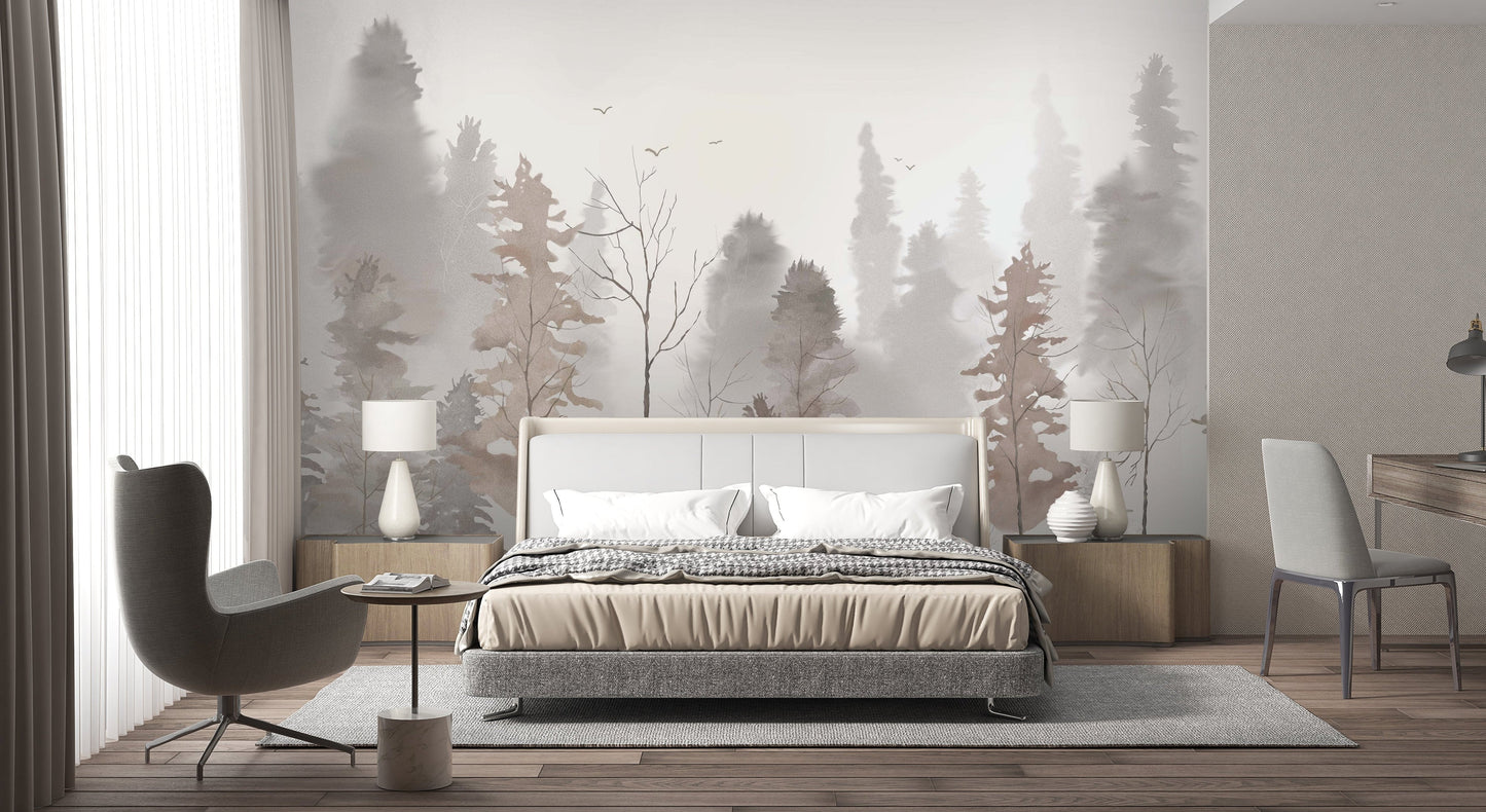803_DA Mystic Morning Grove, Serene Forest Wallpaper, Dewy Grey