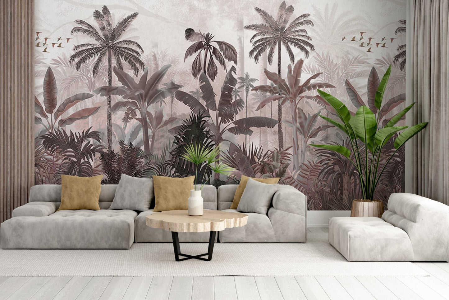 An architectural perspective of a high-end contemporary lounge featuring the Mystic Rainforest Haven Mural in Cold Turkey as a full-scale feature wall. The mural’s expansive botanical vista pairs elegantly with charcoal accents and stone-textured flooring, creating a peaceful and cultured interior sanctuary.