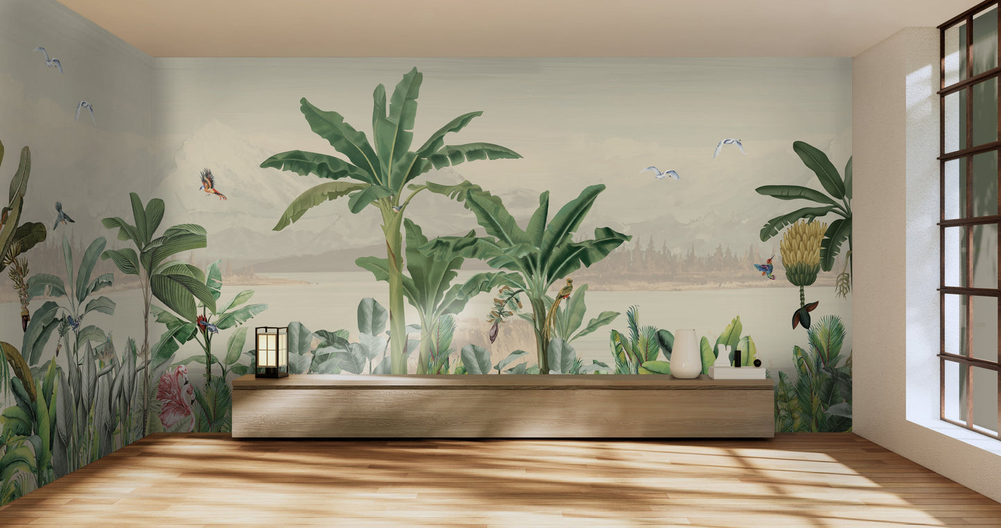An architectural perspective of a modern living space featuring the Coastal Canopy Mural in Pale Ochre as a full-width panoramic feature wall. The mural’s expansive landscape pairs elegantly with natural wood flooring and minimalist furniture, creating a peaceful, sun-soaked retreat.