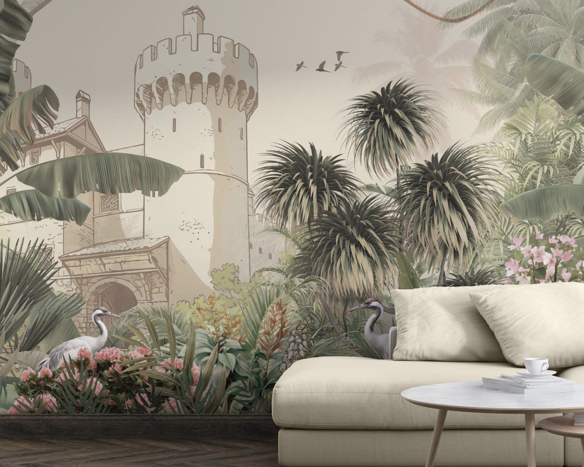 A high-resolution detail of the Palms of the Old Fort Tropical Wallpaper, showcasing the intricate illustrative linework of the stone battlements and the delicate feathers of the cranes nestled among pink blossoms. The image highlights the soft, painterly textures and the refined tonal shifts between soft ivory, muted olive, and dusty rose.