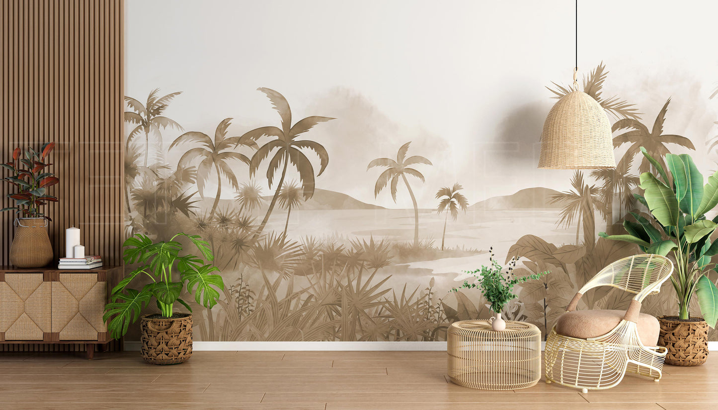 An architectural perspective of a modern, low-profile lounge featuring the Panoramic Tranquility Mural in Taupe as a full-scale feature wall. The mural’s wide-angle coastal vista pairs strikingly with natural wood textures and linen upholstery, creating a peaceful and cultured interior sanctuary.