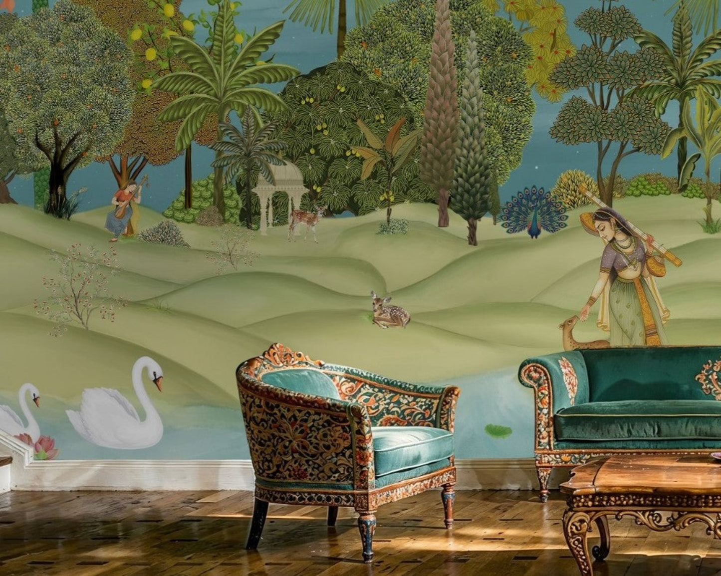 Panoramic Vrindavan Garden Pichwai wallpaper mural with peacocks, lush trees, temple pavilion and traditional Indian heritage landscape wall art for luxury living room by Tetsip Media