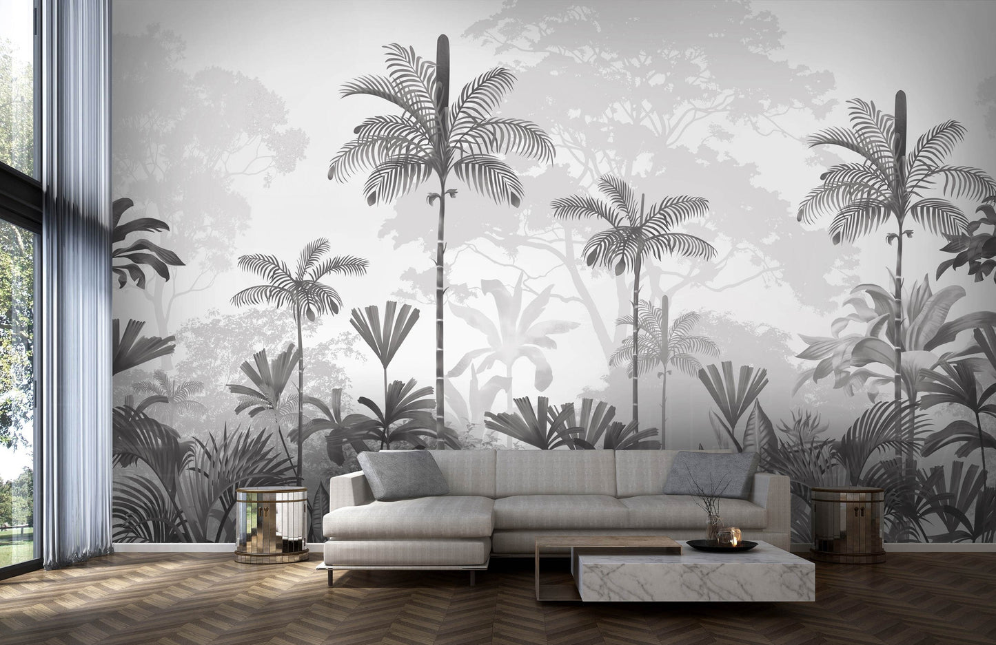 An architectural perspective of a high-ceilinged contemporary lounge featuring the Paradise Palms Mural in Ivory White as a full-scale feature wall. The mural’s expansive botanical vista pairs elegantly with light-toned furniture and organic textures, creating a peaceful and cultured interior sanctuary.