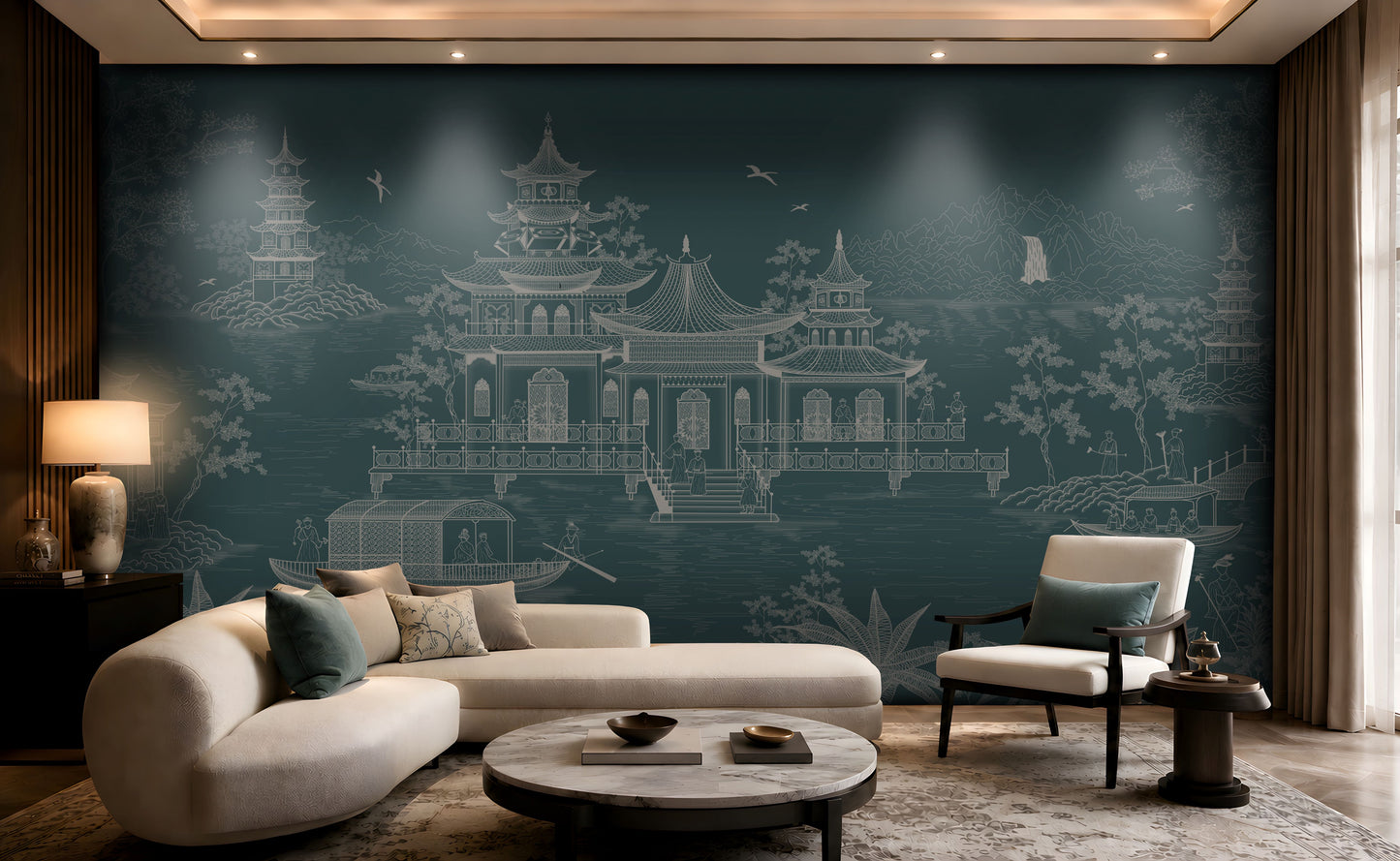 1433_DA_Imperial Garden Retreat Wallpaper, Deep Navy, Wall Mural.