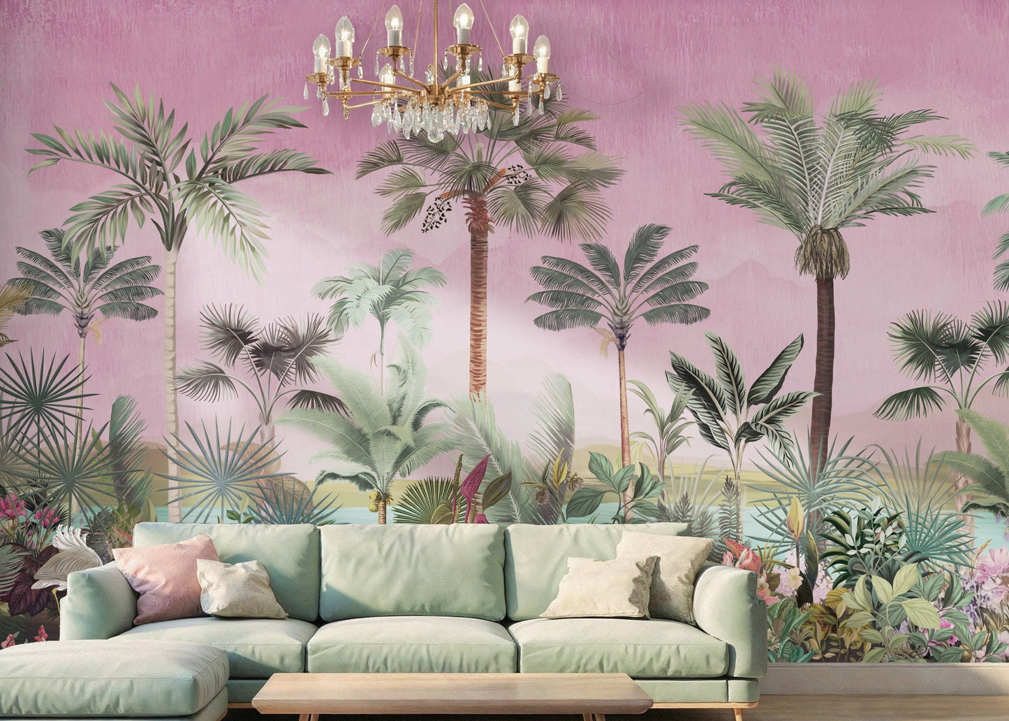 1331_DA Tropical Palm Retreat Landscape Wall Mural Wallpaper, Sunset Pink