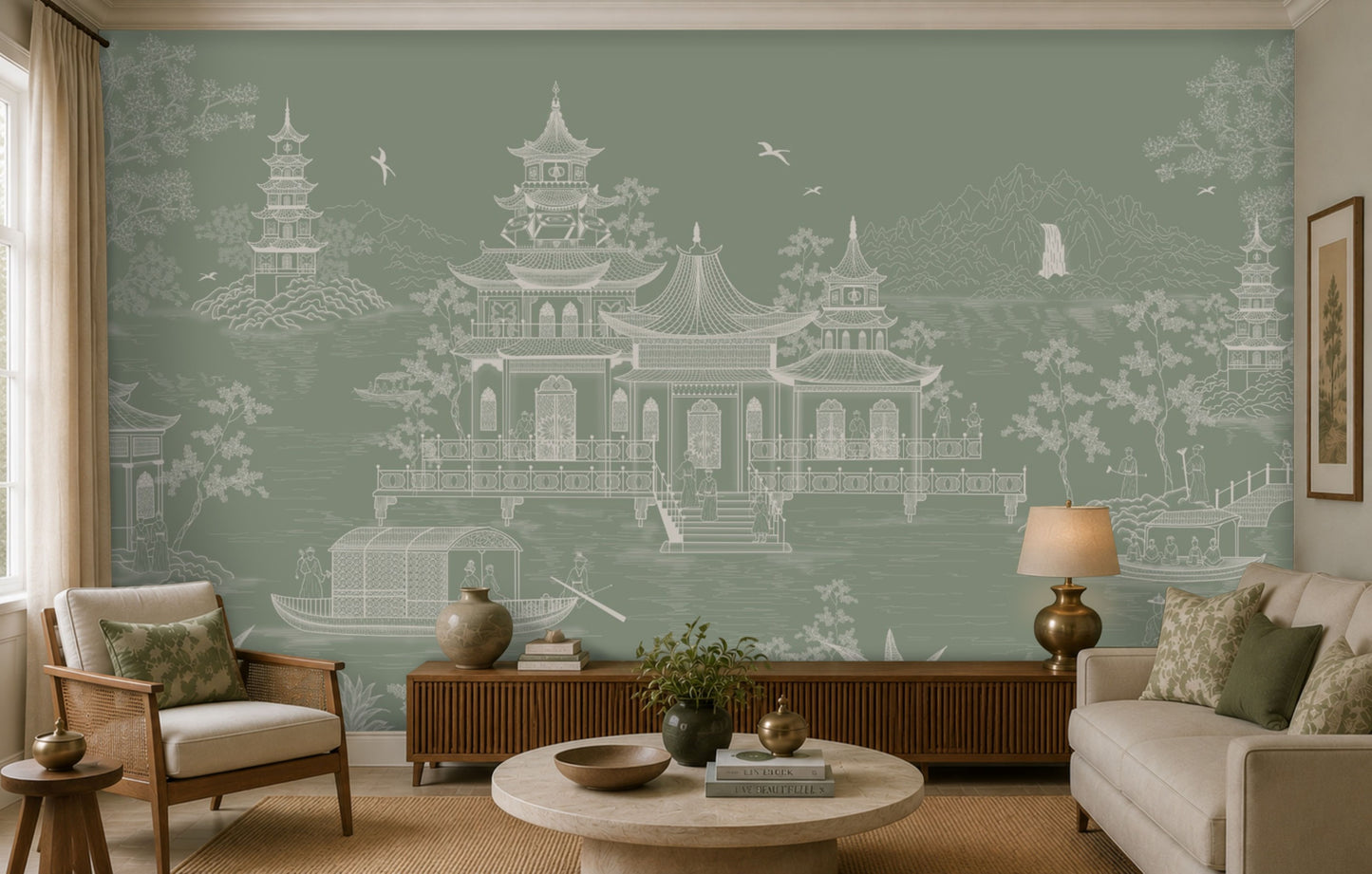A styled living room featuring a large wall mural with a pale sage green background and a white line-art illustration of traditional East Asian pagodas, boats, and birds. The room is furnished with a cream sofa, a wooden sideboard, a round coffee table, and matching green accent pillows.