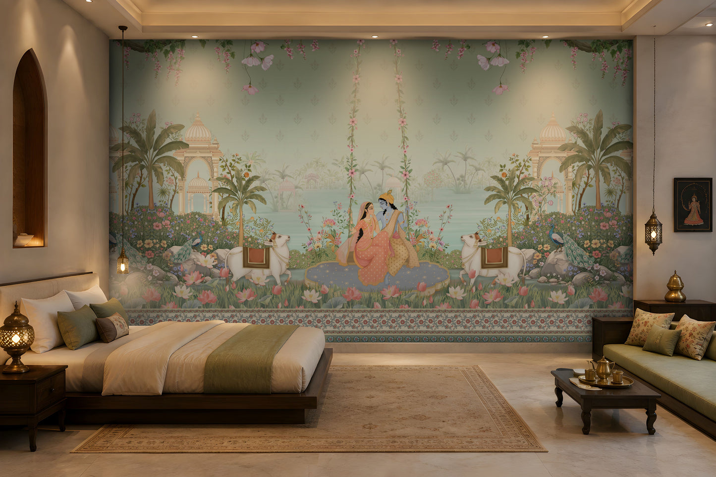 Radha Madhav dusty green heritage wall mural in a luxurious Indian-inspired bedroom with traditional palace artwork, floral motifs, and warm wooden furnishings.