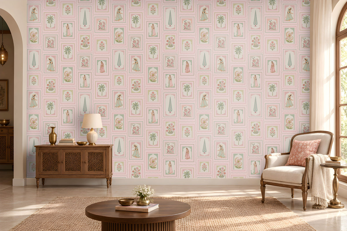 Soft blush pink heritage wallpaper featuring delicate floral patterns, traditional Indian miniature illustrations, intricate vintage-style frames, and muted sage green botanical accents on a pastel pink background, perfect for elegant and timeless Indian-inspired interiors.