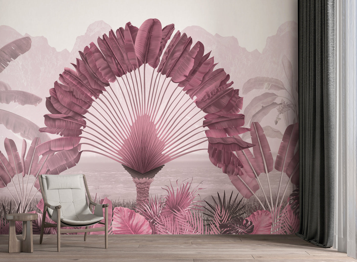 An architectural perspective of a modern living room featuring the Regal Fronds Mural in Dusty Pink as a full-scale feature wall. The mural’s symmetrical botanical design pairs elegantly with light oak flooring and cream linen upholstery, creating a sophisticated and immersive interior sanctuary.