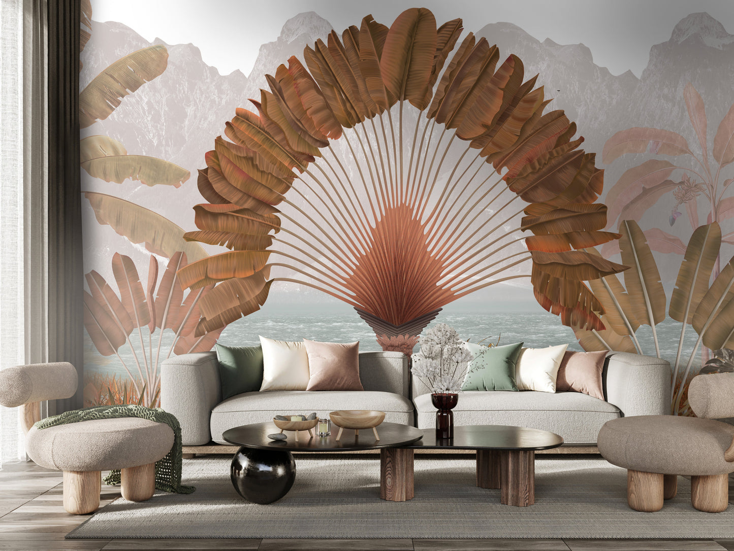 An architectural perspective of a modern living room featuring the Regal Fronds Mural in Peat Brown as a full-scale feature wall. The mural’s symmetrical botanical design pairs elegantly with dark wood textures and cognac leather furniture, creating a grounded, peaceful, and cultured interior sanctuary.