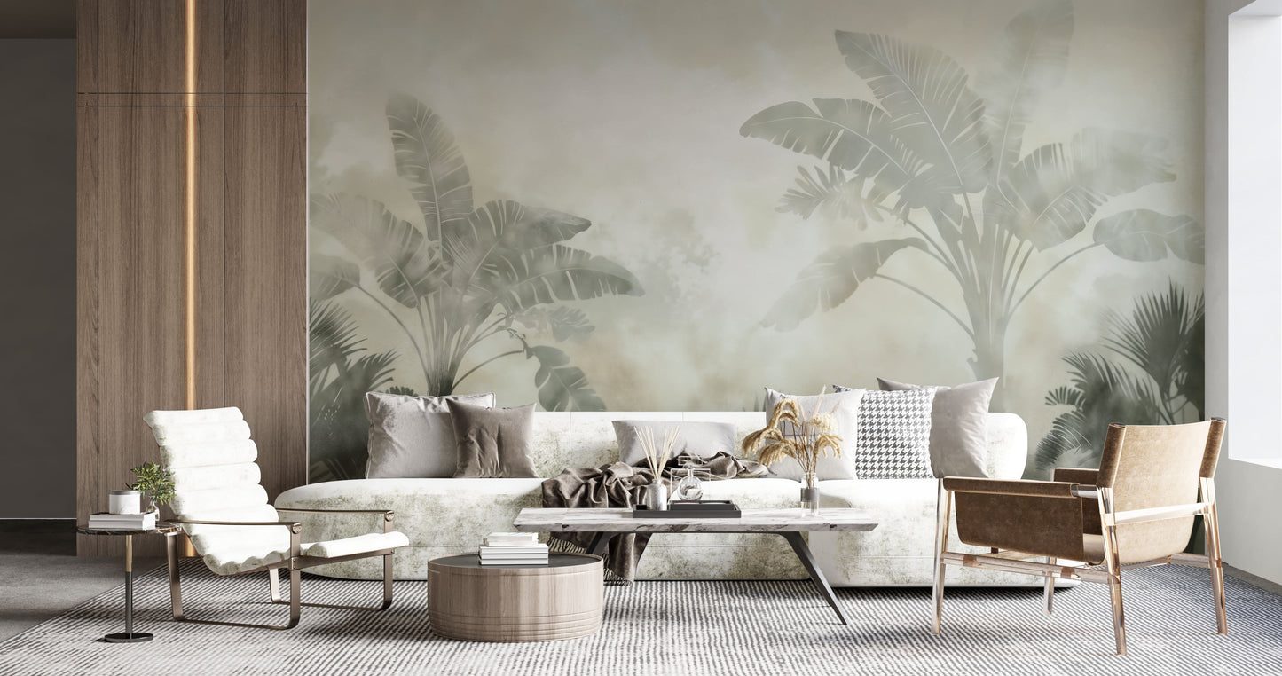 An architectural perspective of a modern, luxury living room featuring the Sage Green Tropical Palm Mural as a full-scale feature wall. The mural’s soft, ethereal tones pair perfectly with contemporary low-profile seating, marble accents, and rich wood paneling to create a high-end sanctuary.