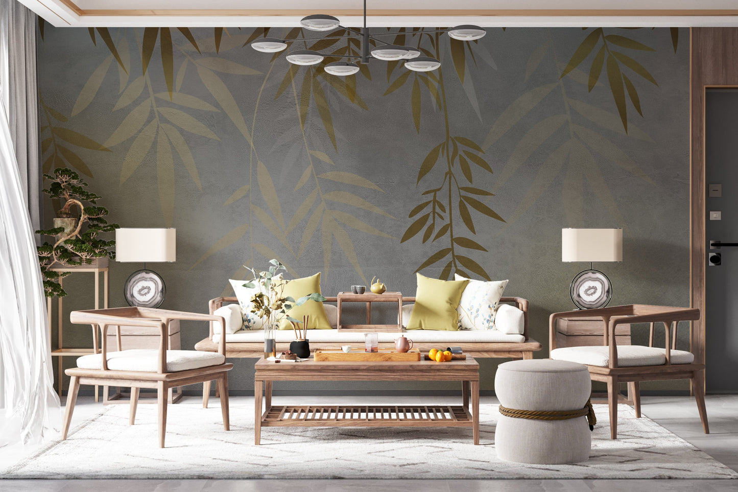 An architectural perspective of a bright contemporary lounge featuring the Sasa Leaves Mural in Chalk Gray as a full-scale feature wall. The mural’s neutral, monochromatic tones pair elegantly with light oak furniture, white linen textiles, and minimalist black metal accents, creating a balanced and cultured interior sanctuary.