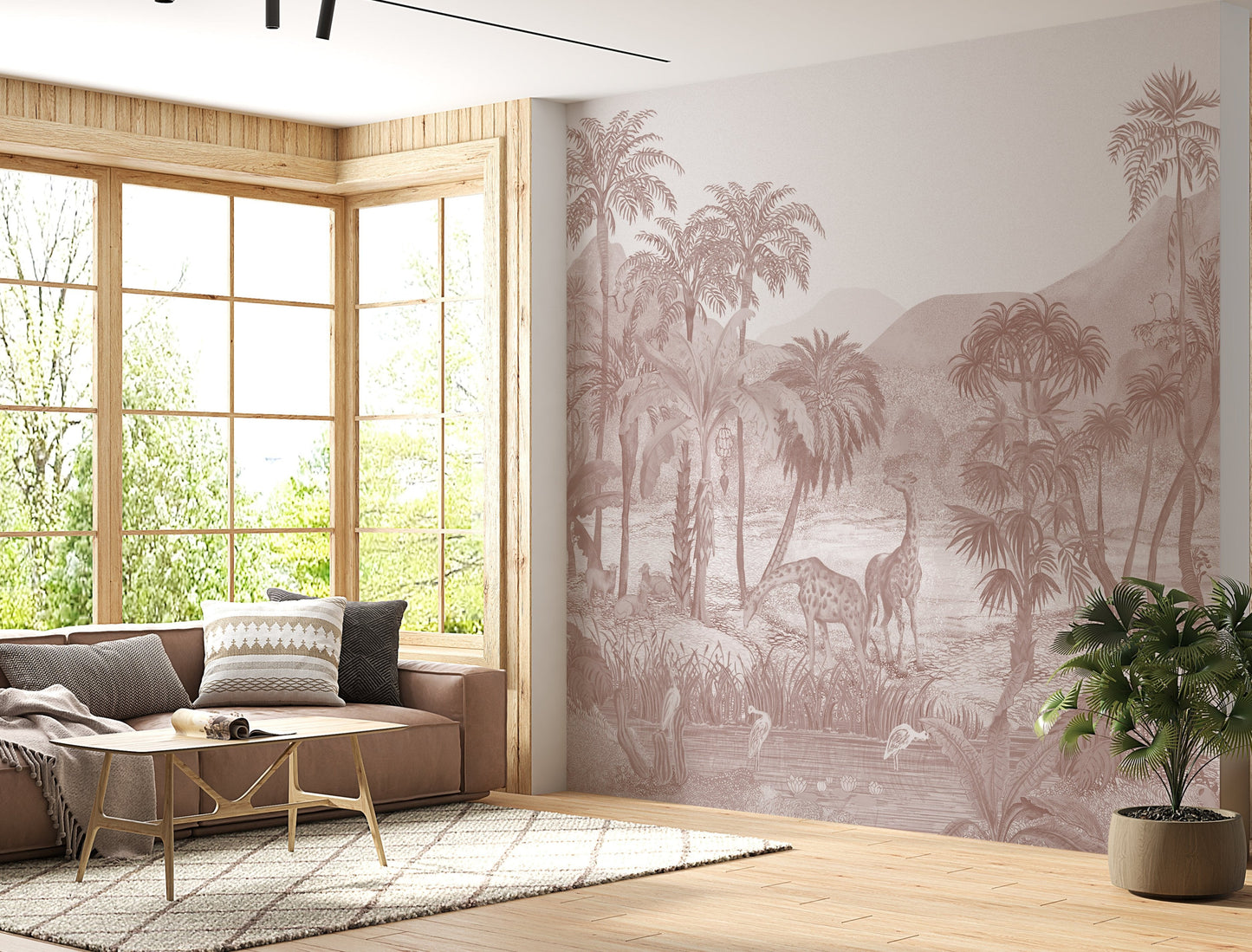 An architectural perspective of a refined living area featuring the Savanna Splendor Mural as a full-scale feature wall. The Smoky Terracotta palette creates a warm, atmospheric focal point that pairs beautifully with natural wood furniture, linen textures, and warm-toned lighting.