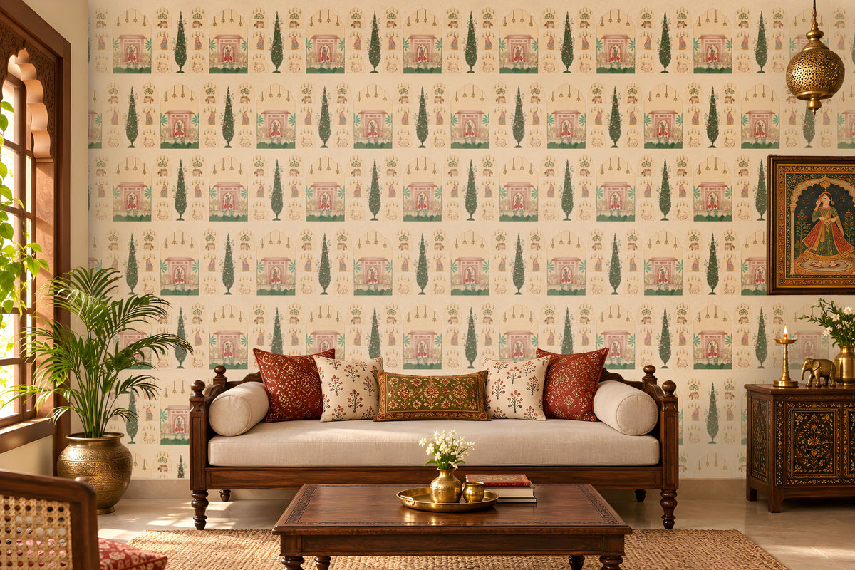 Shriji Darbar Heritage Wallpaper in beige featuring traditional Indian palace motifs, royal court illustrations, ornate arches, and elegant cypress trees, styled in a seamless repeating pattern for living room and bedroom walls.