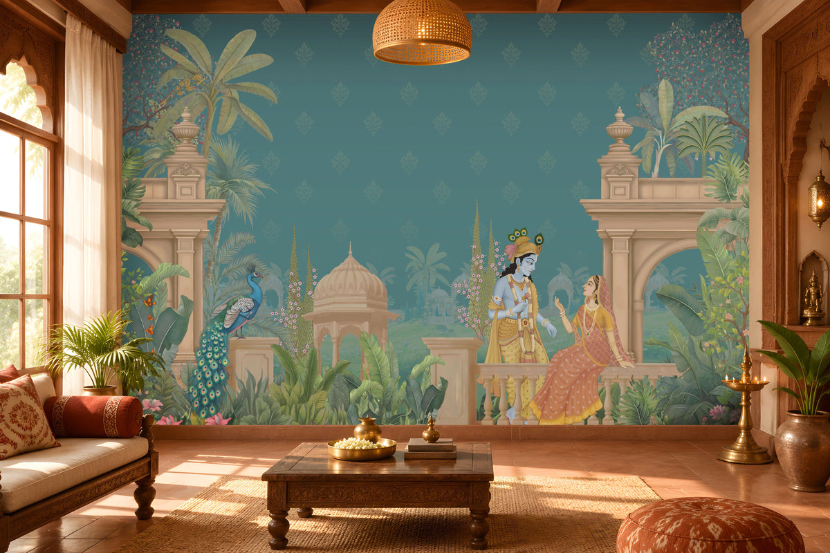 1526_DA_ Shyam Madhuban – Traditional Indian Mural Wallpaper- Teal Blue.