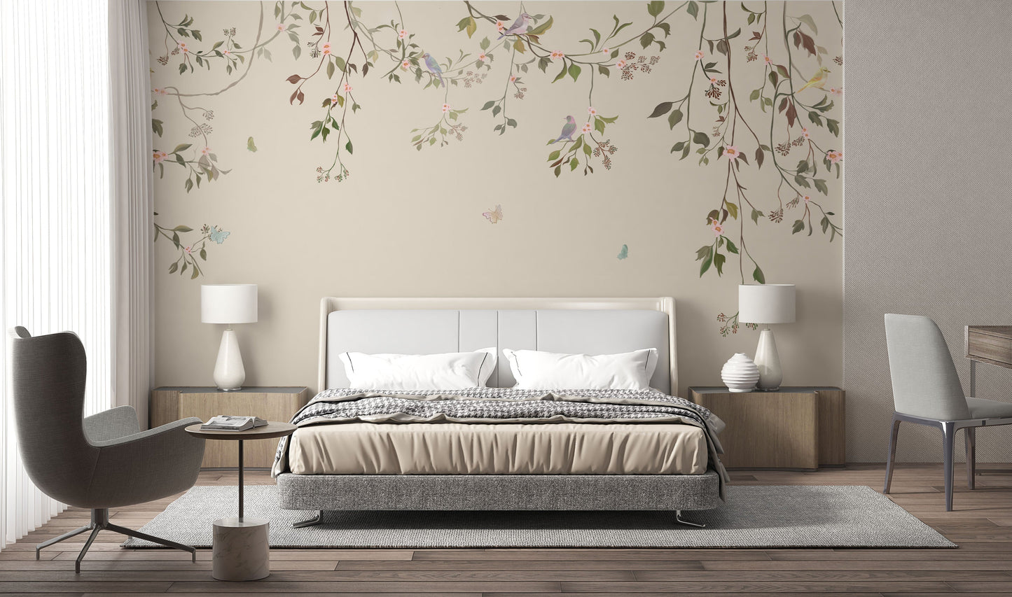 Soft beige floral mural wallpaper with luxe botanical pattern in contemporary bedroom.