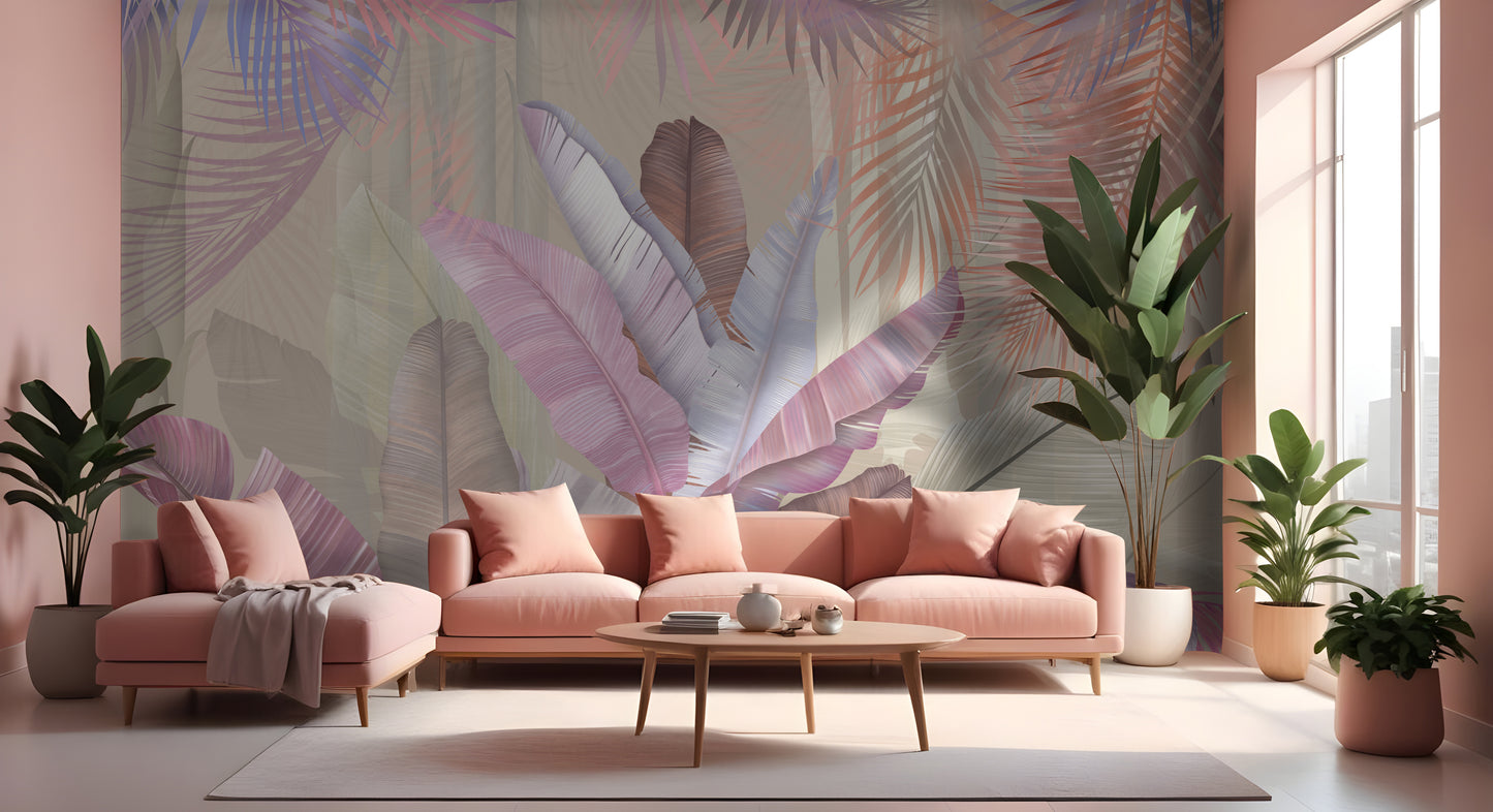 An architectural perspective of a contemporary, sunlit living room featuring the Sublime Botanical Elegance Mural as a full-scale feature wall. The mural’s pale silver and cool metallic hues pair elegantly with a curved cream sofa, minimalist stone side tables, and light oak flooring, creating a serene and sophisticated interior sanctuary.