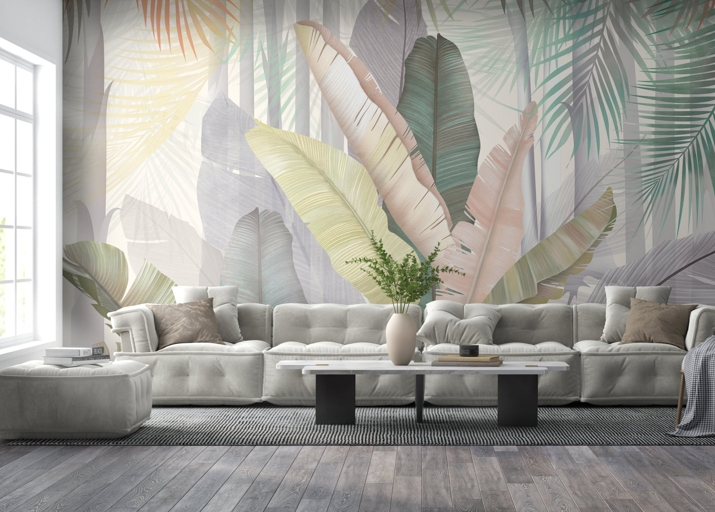 An architectural perspective of a contemporary, sunlit living room featuring the Sublime Botanical Mural in Light Grayish Brown as a full-scale feature wall. The mural’s muted taupe and mushroom hues pair elegantly with a curved cream sofa, minimalist stone side tables, and light oak flooring, creating a serene and sophisticated interior sanctuary.