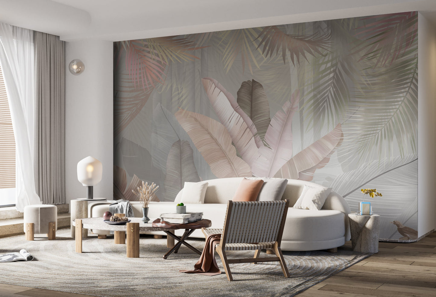 An architectural perspective of a contemporary, sunlit living room featuring the Sublime Botanical Mural as a full-scale feature wall. The mural’s soft peach and sage hues pair elegantly with a curved cream sofa, minimalist stone side tables, and light oak flooring, creating a serene and sophisticated interior sanctuary.